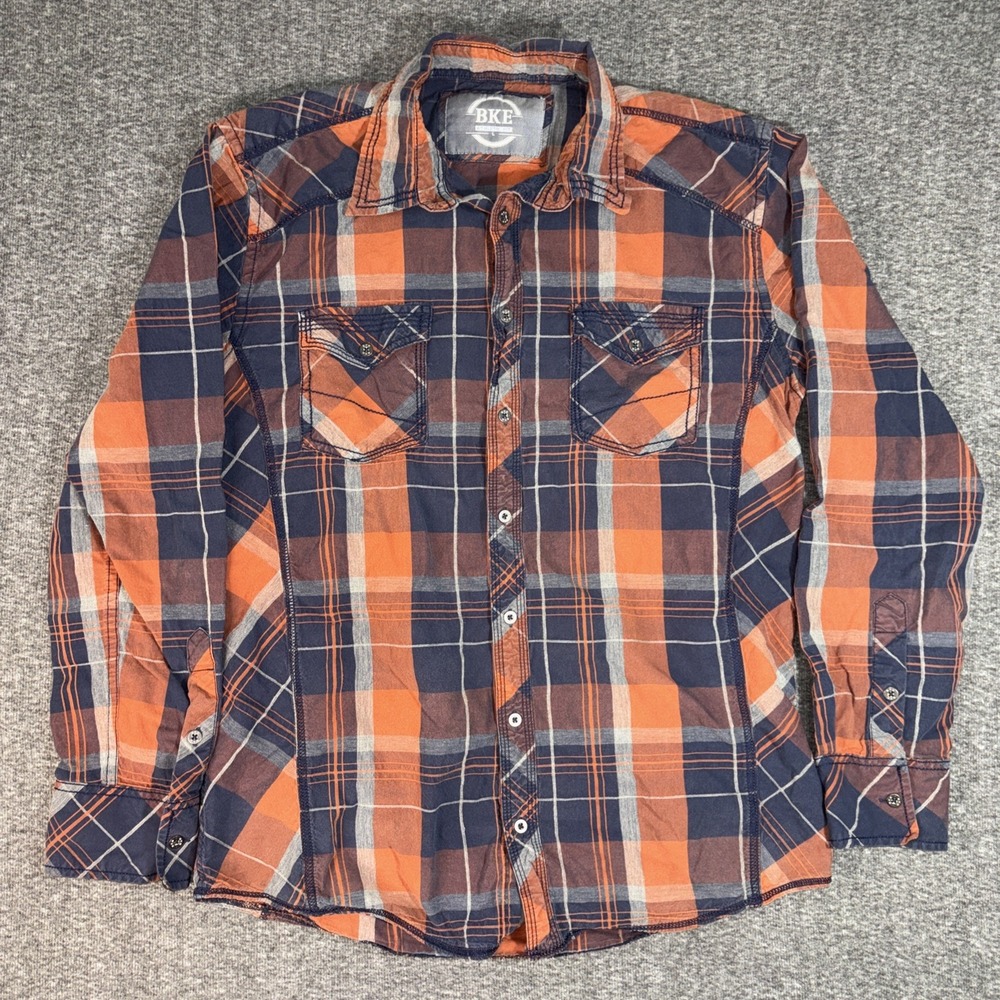 BKE Men's Long Sleeve Button Up Athletic Fit Sz L Blue & Orange Plaid Shirt READ